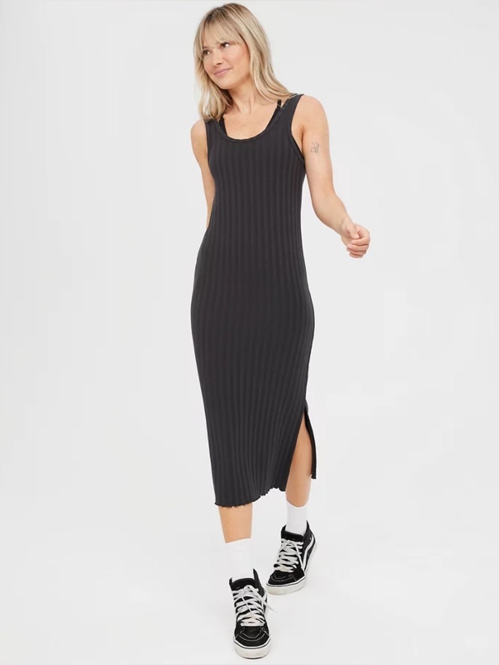 OFFLINE By Aerie OG Groove Midi Dress Size Medium Charcoal Black